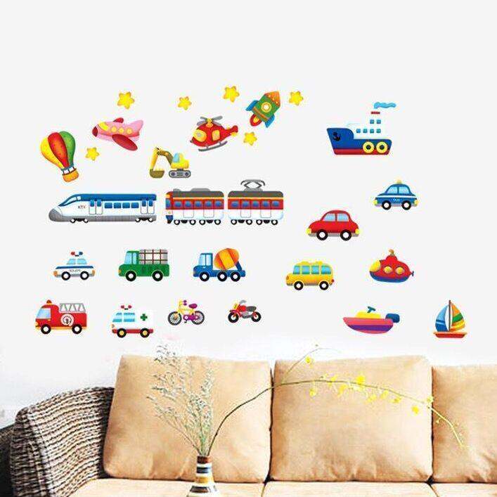 cartoon-trucks-tractors-cars-wall-stickers-kids-rooms-vehicles-wall-decals-art-poster-photo-wallpaper-home-decor-mural-decal