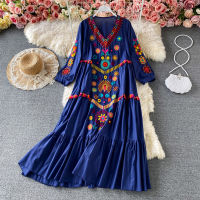 ชุดชายหาดผู้หญิง Boho หลวม Maxi ปัก V คอยาวชุดฤดูใบไม้ผลิ Auutmn Vintage A Line Dress