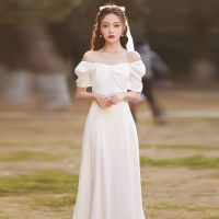 【Ready】? Certificate Registration White Dress Engagement Dress Simple Temperament Bridesmaid Dress Female Summer Daily Wear