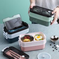 ✓☒✶ Portable Bento Case Double Layers Lunch Box With Cutlery Multi-function Cover Design Food Container