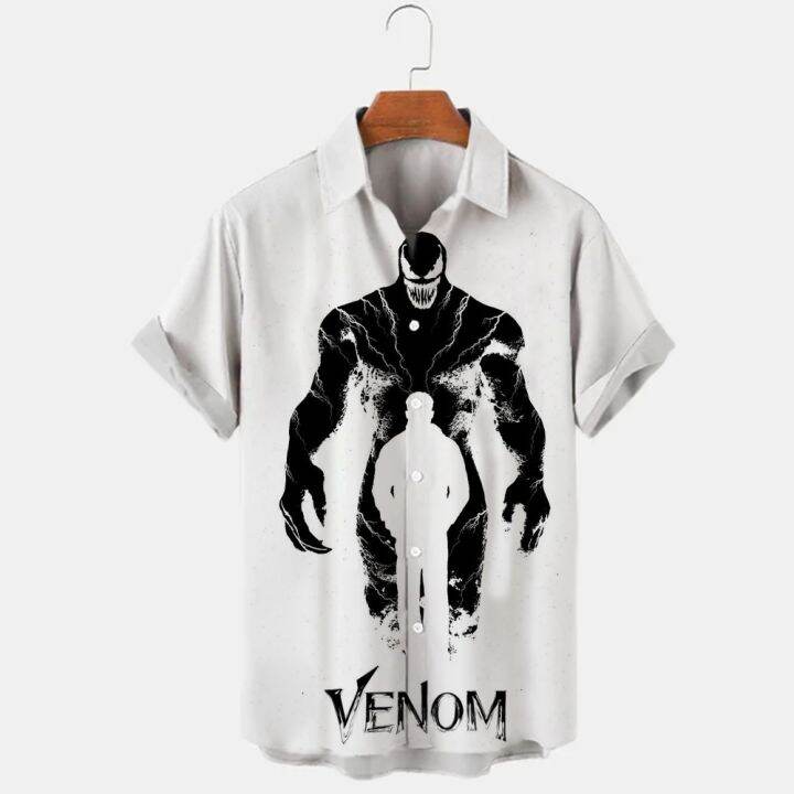 เสื้อยืดพิมพ์ลายดิจิทัลแนวฮาวายสำหรับผู้ชาย-เสื้อมีกระดุมพิมพ์ลายดิจิทัลแนวสยองขวัญชายหาดแนวฮาวายลำลองทรงหลวมเสื้อเชิ้ตฤดูร้อน