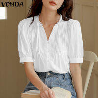 Fancystyle VONDA เสื้อผู้หญิงสไตล์คอวีแขนพองเสื้อยืดสีทึบอเนกประสงค์เสื้อสตรีแบบจีบ