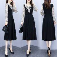 [COD] Plus-size womens fat slim mid-length printed black dress 2022 autumn style Korean version contrast