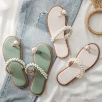 COD PaiHOFashion Shoes sandals womens summer flat bottom 2022 new all-match Pearl Rhinestone sandals fairy wind beach slippers womens outdoor fashion