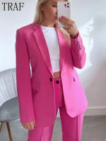 TRAF Zar 2022 Fuchsia Blazer Set Woman Spring Office Casual Long Sleeve Button Jacket Loose Streetwear Female Blazer Mujer