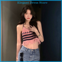 [KP Elegant]?? เสื้อชั้นในสตรีสายคล้องคอแต่งพู่เซ็กซี่ฤดูร้อนเสื้อแขนกุดเปิดหลังเสื้อถัก