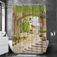 R Nordic Street Castle Gardens Shower Curtains Cute Flowers Green Leaves Seascapes Triangle Plums Street Lamps Potted Plants