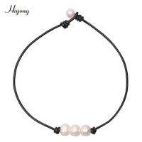 White 3/Three Beads Freshwater Pearl Choker Necklace on Genuine Leather Cord Knotted Collarbone Chain Jewelry for Women Girls