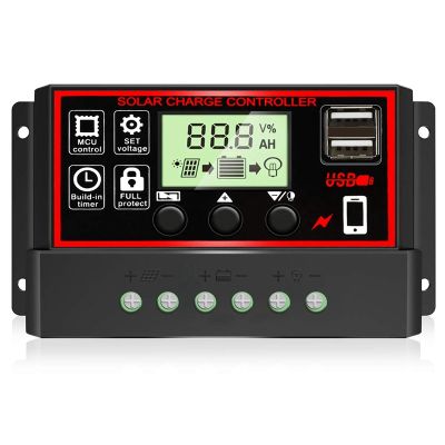 30A Solar Charge Controller, Solar Panel Battery Intelligent Regulator with Dual USB Port 12V/24V PWM Auto Paremeter
