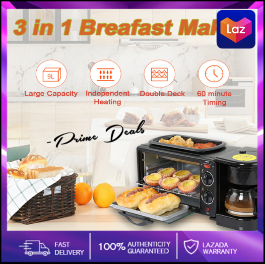 3-in-1 Breakfast Station - Coffee Maker, Non-Stick Griddle, and Toaster Oven - Versatile Breakfast Maker Machine with Timer for Kitchenettes/