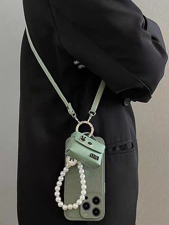 กระเป๋าใส่หูฟังกระต่ายสีเขียวฤดูร้อนสำหรับ-iphone14promax-สเตอริโอ-moonpit-กรณีโทรศัพท์สำหรับ-iphone13-pearl-bracelet-case-สำหรับ-iphone12-promax-leather-bevel-strap-case-สำหรับ-iphone11