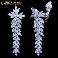 [Han ornaments] CWWZircons Long Leaf Drop Clip On Ear ต่างหูไม่เจาะ Cubic Zirconia คริสตัลการตั้งค่าผู้หญิงงานแต่งงานอุปกรณ์เสริม CZ404