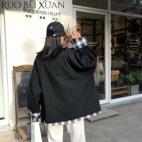 Ruo Bei Xuan เสื้อแจ็กเก็ตคาร์ดิแกนกันลมนักเรียนตัวยาวปานกลางลายสก๊อตเสื้อแจ็กเกตชายแต่งลูกไม้สไตล์ Bf