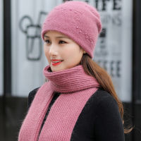New Women Winter Hat Keep Warm Cap Pearl Decoration Hat &amp; Scarf Set Fashion Hat For Women Casual Rabbit Fur Knitted Beanie Hat