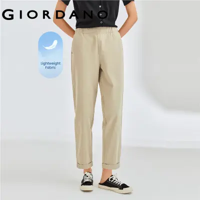 GIORDANO Women Pants 100% Cotton Lightweight Fashion Pants Elastic Waist Ankle Length Simple Solid Color Casual Pants 05423354