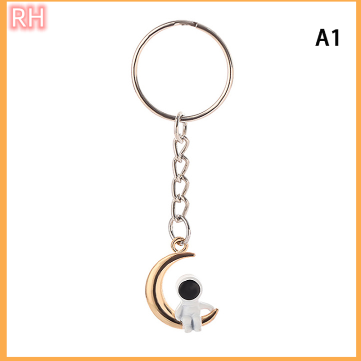ranghe-แหวนเงินสวยหวานพวงกุญแจคู่รักนักบินอวกาศดวงจันทร์ดีไซน์สร้างสรรค์พวงกุญแจห้อยกระเป๋า