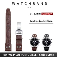 ปล้ำ21/22มม. สีดำอิตาลีหนังไม้ไผ่นุ่มพร้อมสายนาฬิกาหมุดสำหรับ IWC เข็มขัดนักบินโปรตุเกสหัวเข็มขัดพับได้สแตนเลส