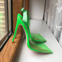 Tikicup Summer Women Soft PVC Green Pointy Toe High Heel Slingback Sandals Designer Stiletto Pumps Party Shoes 8cm 10cm 12cm