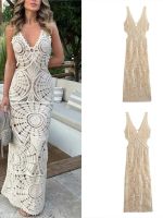 Hollow Crochet Woven V-neck Sleeveless Knitted Dress Women Slim A Line Perspective Vestidos 2023 Summer Beach Party Maxi Robe