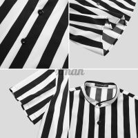 XMAN Men Striped Printed Stand Collar Buttons Short Sleeve Casual Shirt