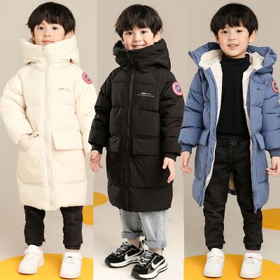 2023 New Winter Boys Jacket Solid Color Mid-Length Keep Warm Cold Protection Hooded Down Cotton Windbreaker Coats For 3-10 Years