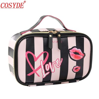 Fashion Striped Women Cosmetic Bag Pu Leather Travel Makeup Bag Organizer 2020 Love Beauty Suitcases For Cosmetics Case Female