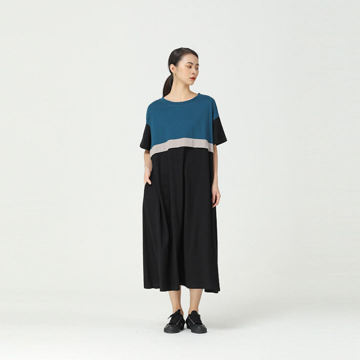 xitao-dress-contrast-color-casual-patchwork-loose-women-t-shirt-dress