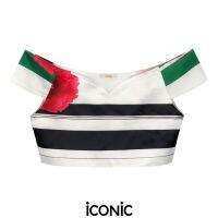 iCONiC PINK STRIP CROP TOP #6192 เสื้อผญ เสื้อสั้น ยาว30cm ผ้าไหม ลายทาง ดอกไม้ชมพู เสื้อแฟชั่น เสื้อเซ็กซี่ เสื้อลายทาง