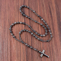 Christ Rosary Necklaces Natural Ladorite Catholic Rosary Beads Jewelry Hematite Cross Pendant Necklace For Men Women