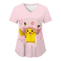 【HOT】✺✘✢ Hospital Top 2023 Fashion V Neck Cartoon T-shirts Uniform Pikachu Pokémon Woman T-shirt