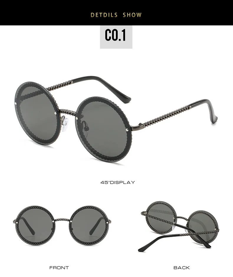 QPeClou 2019 Fashion Chain Round Sunglasses Women Metal Brand Designer Sun  Glasses Men Black Eyeglasses Not Included Chain