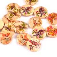 20mm 50Pcs Mix Painted Bird Pattern Round Wooden Buttons For Crafts Sewing Accessories Scrapbooking Decor Apparel Button M0956 Haberdashery