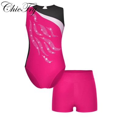 Kids Girls Sports Gymnastics Workout Outfit Leotard with Shorts Ballet Dance Sets Sleeveless Bodysuit with Bottoms Dance Suits