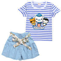 OCTONAUTS ชุดเสื้อยืดแขนสั้นสำหรับเด็กผู้หญิง,ชุดเสื้อผ้าเด็กผ้าฝ้าย + โพลีเอสเตอร์ผูกโบว์ยีนส์ขาสั้นและเสื้อ2-15ปี0000