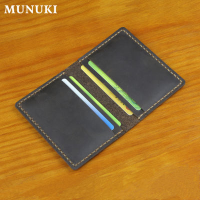 MUNUKI Handmade Crazy horse ผู้ถือบัตรหนังแท้ slim men Business Card Case หนัง Bifold Card กระเป๋าสตางค์ผู้หญิงบัตรเครดิตผู้ถือ ID สีน้ำตาล MC404