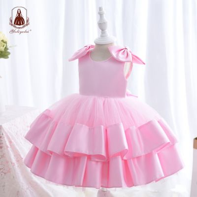 Yoliyolei Satin Fabric Childrens Dress Cute Bowknot Fashion Formal Girls Clothes Size 2-5 Kids Birthday Party Dress For Girl