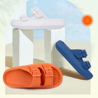 【CC】◑♂❁  Fashion Buckle Thick Platform Slippers Soft Sole Eva Slides Sandals Woman 2023 Non Beach Flip Flops
