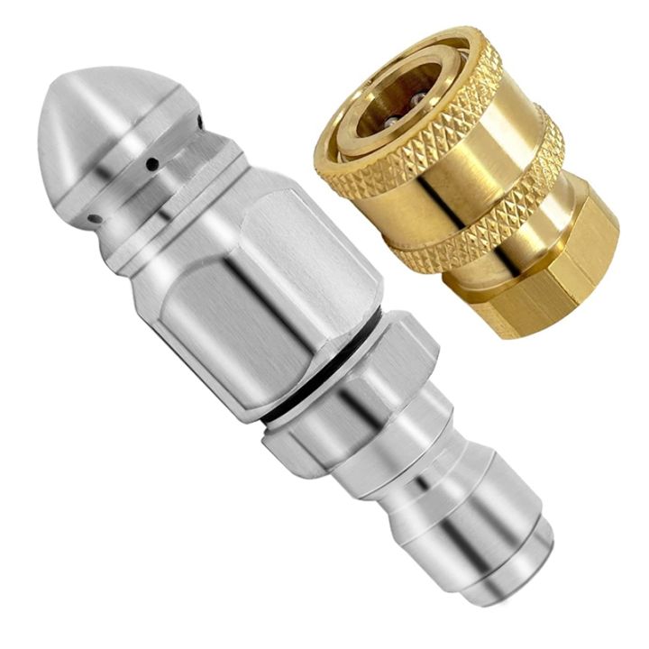 2pc-5000psi-sewer-jet-nozzle-with-pressure-washer-coupler-brass-fittings-quick-connector-1-4-inch-connect-to-female-npt