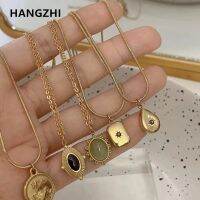 HangZhi 2021 ใหม่เกาหลีวินเทจน้ำหยดดาวรอบหมีรูปไข่จี้สร้อยคอเรขาคณิตสีทองเครื่องประดับเหล็กไทเทเนียม-ioec53 shop