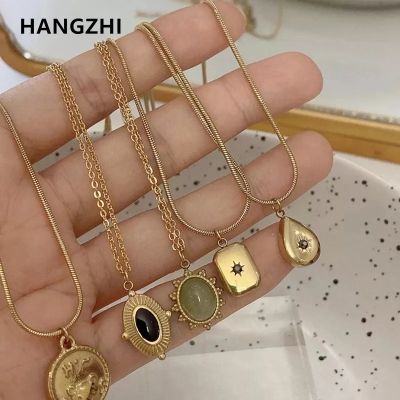 HangZhi 2021 ใหม่เกาหลีวินเทจน้ำหยดดาวรอบหมีรูปไข่จี้สร้อยคอเรขาคณิตสีทองเครื่องประดับเหล็กไทเทเนียม-snlm03750