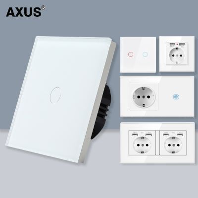 AXUS White Touch Switch With Wall Socket Sensor Light Switches Glass Panel Smart USB Socket Outlets EU Standard LED Backlight