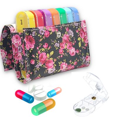 ✧❍ 7 Days Weekly Purse Pills Box with Rose Pattern Medicine Splitter Holder Organizer Plastic Waterproof Portable Container Case