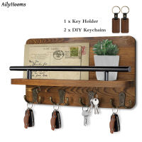 Key Holder Wall Mounted Mail Holder with 10 Hooks and 2 Wooden DIY Keychains Wooden Decorative Key Hanging Rack Mail