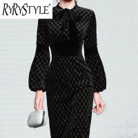 RYRYSTYLE แขนยาวบางเข้ารูปพอดีกำมะหยี่สีดำสไตล์เฮปเบิร์นฤดูใบไม้ร่วง/ฤดูหนาว9766