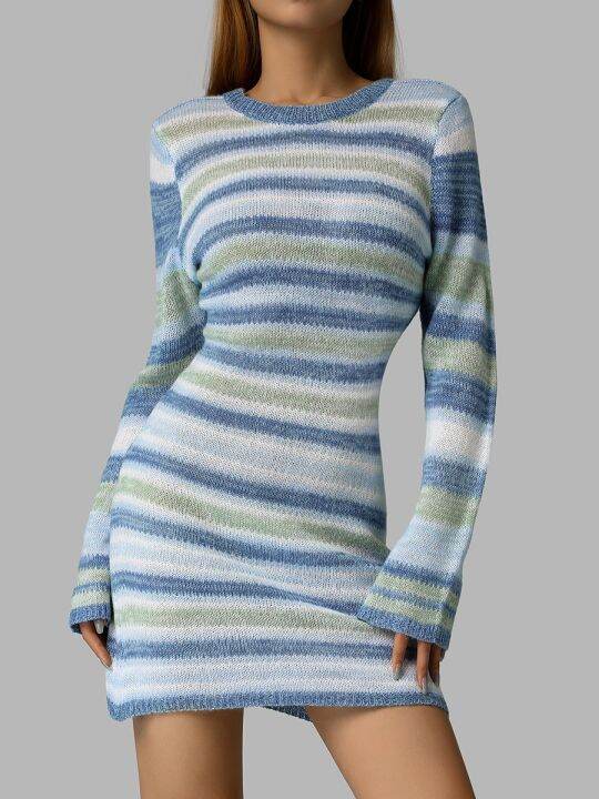 women-dress-long-sleeve-round-neck-wrapped-tight-club-prom-birthday-celebrity-party-knit-striped-midi