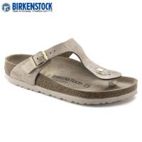 Casual Walking Slippers Birkenstockรองเท้าแตะ Womens Gizeh Birko-Flor 1008793 Washed Metallic Rose Gold Sandals