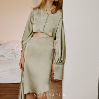 NETHIYAPHA - Button Dress: Light Forest เดรสแขนยาวกระโปรงเฉียง สีเขียวอ่อน