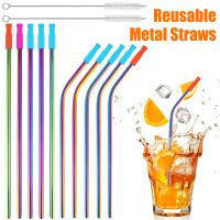 L 10 Pcs Stainless Steel Straws Reusable Drinking Straws Colorful Curved Straight Straws with Cleaning Brush Storage Bag and 10 Specialty Glassware