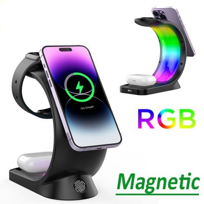 ❉¤ 4 In 1 Magnetic Wireless Charger Stand Pad RGB LED Light 15W Fast Charging Station Dock for iPhone 14 13 12 Pro Max Apple Watch