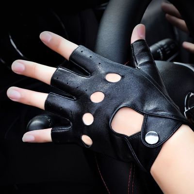 PFPZI ถุงมือครึ่งนิ้วใหม่สีดำถุงมือหนัง PU ขับขี่ร้อนแรงครึ่งนิ้ว